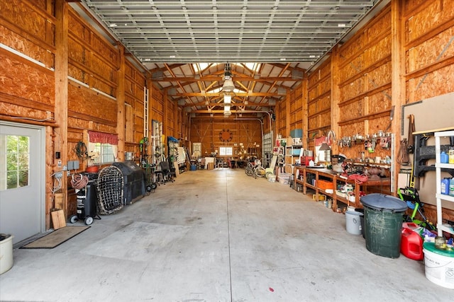 garage with a workshop area