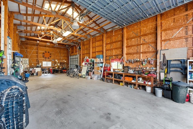 garage with a workshop area