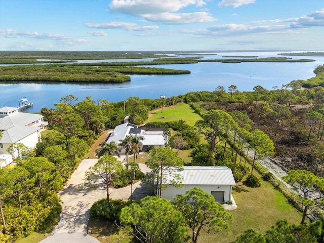 drone / aerial view with a water view