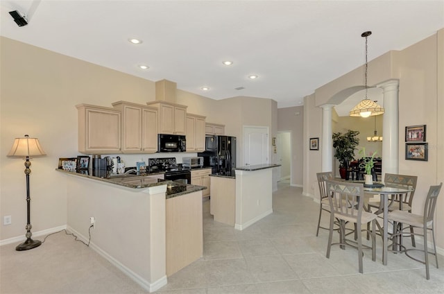 kitchen with kitchen peninsula, decorative columns, dark stone countertops, hanging light fixtures, and black appliances