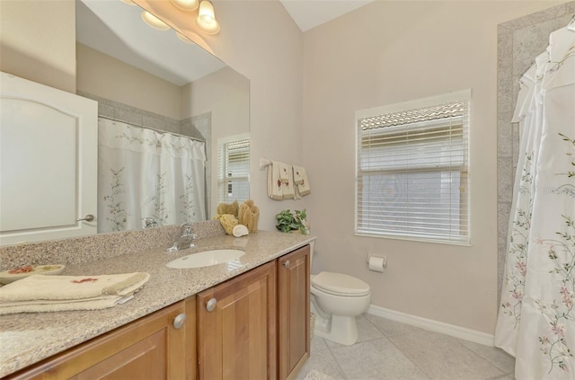 bathroom featuring vanity, tile patterned floors, toilet, and a shower with shower curtain