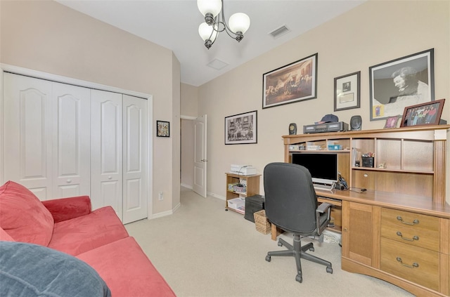 carpeted office space with a notable chandelier