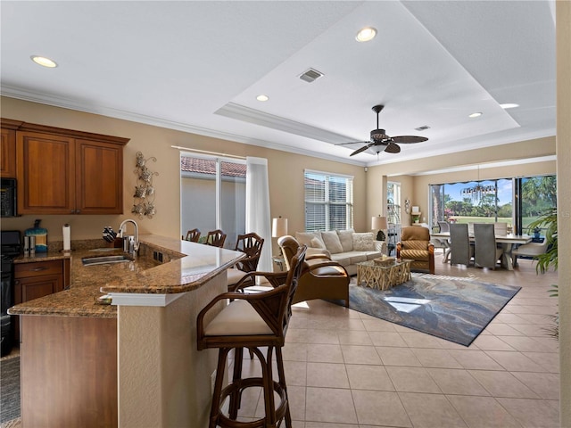 kitchen with a kitchen bar, sink, a tray ceiling, kitchen peninsula, and stone counters