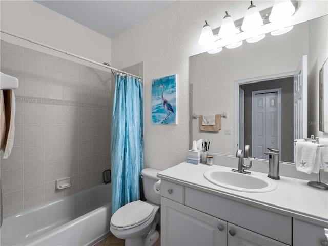 full bathroom featuring vanity, shower / tub combo, and toilet