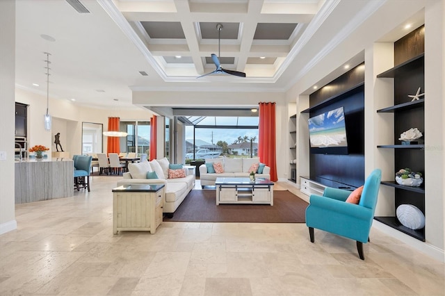 living room with built in shelves, ornamental molding, beam ceiling, and coffered ceiling