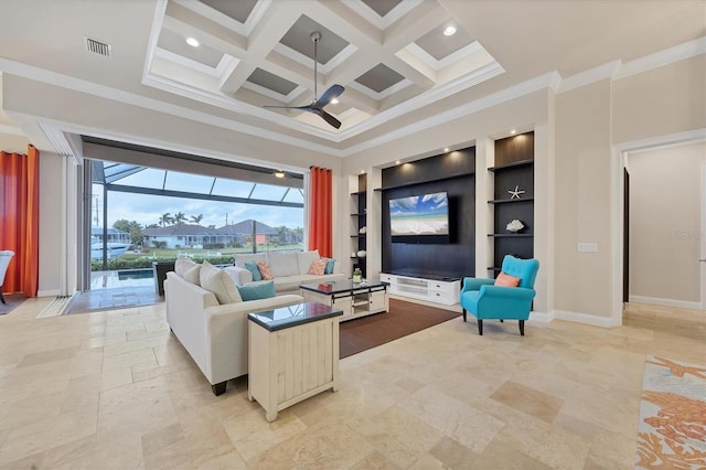 living room with crown molding, coffered ceiling, a towering ceiling, and built in shelves