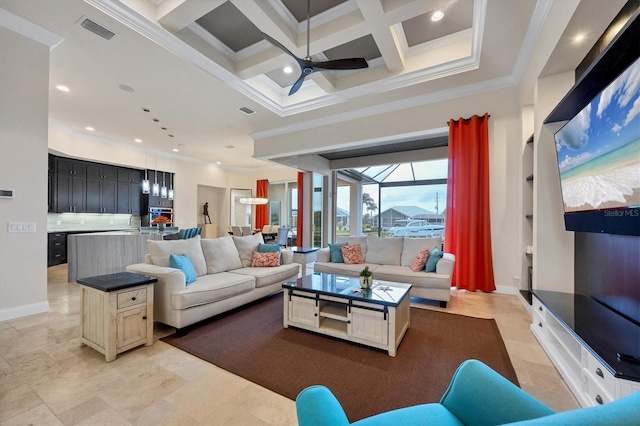 living room with a towering ceiling, beamed ceiling, crown molding, coffered ceiling, and ceiling fan