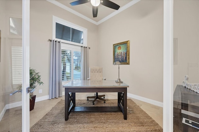 office featuring crown molding and ceiling fan