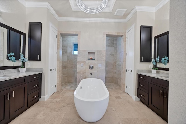 bathroom with vanity, ornamental molding, and plus walk in shower