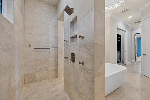 bathroom featuring independent shower and bath and ornamental molding