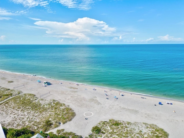 property view of water featuring a beach view