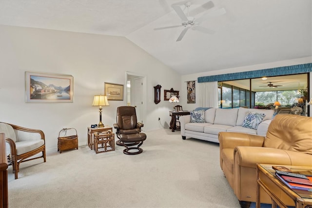 carpeted living room featuring lofted ceiling and ceiling fan