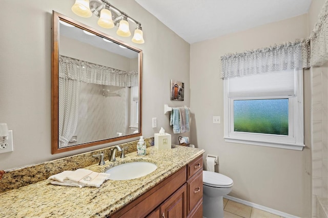 bathroom with walk in shower, tile patterned floors, vanity, and toilet