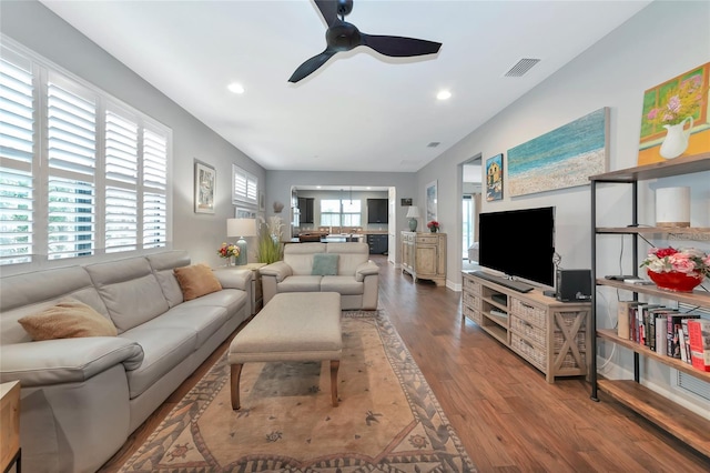 living room with ceiling fan and wood-type flooring