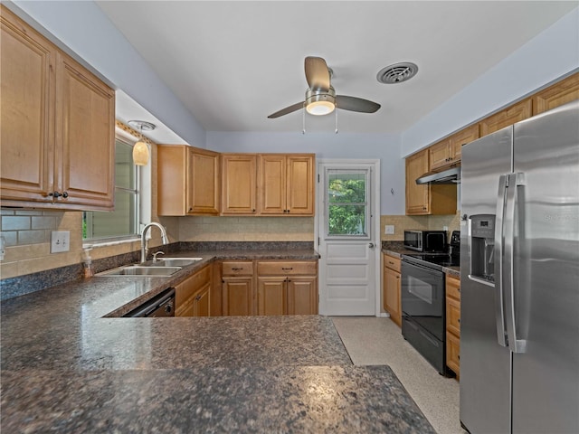 kitchen with tasteful backsplash, black range with electric stovetop, stainless steel refrigerator with ice dispenser, and sink