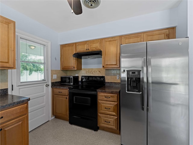 kitchen with stainless steel fridge with ice dispenser, black electric range oven, backsplash, dark stone counters, and ceiling fan