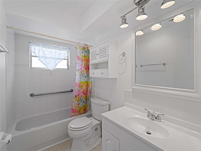 full bathroom featuring toilet, shower / bathtub combination with curtain, vanity, and decorative backsplash