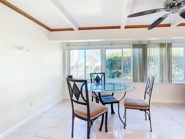 dining room with ceiling fan, a healthy amount of sunlight, and beamed ceiling