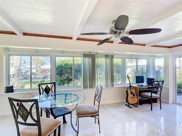 sunroom / solarium featuring ceiling fan and beamed ceiling