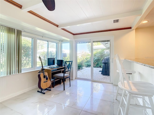 office space featuring beam ceiling