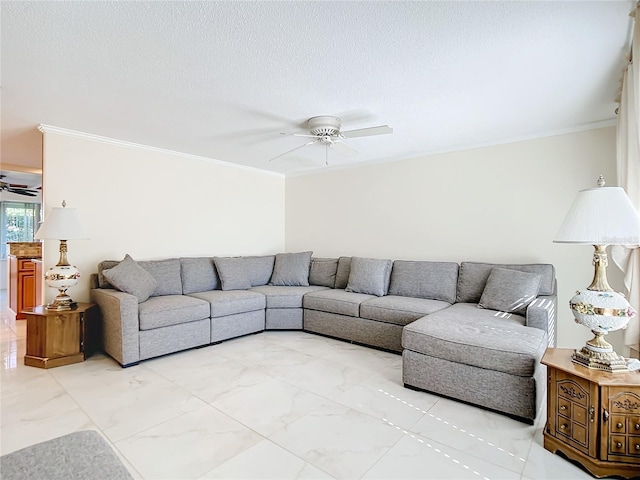 living room featuring a textured ceiling, ceiling fan, and crown molding