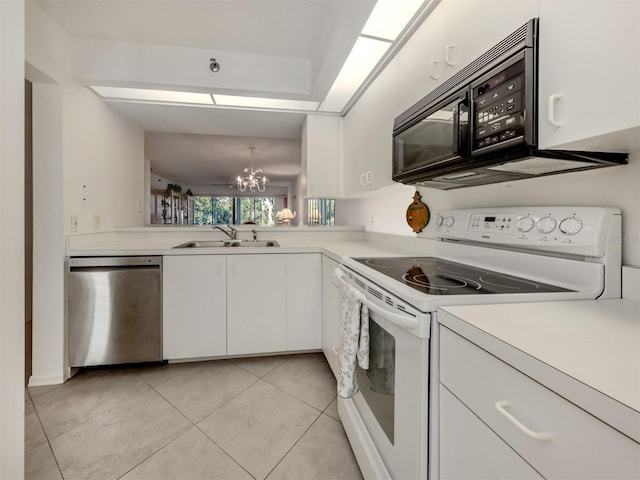 kitchen with white cabinetry, dishwasher, sink, a chandelier, and electric stove