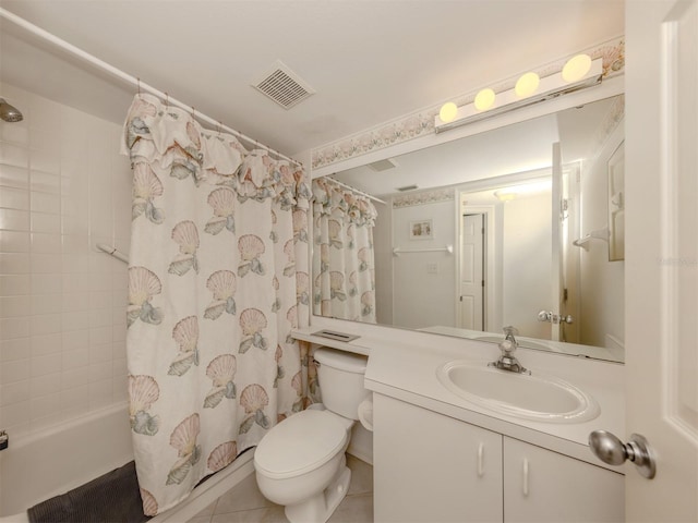 full bathroom with vanity, shower / tub combo, tile patterned floors, and toilet