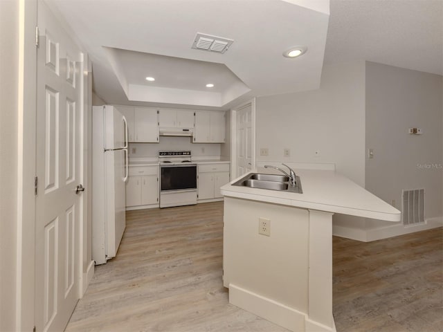 kitchen featuring white appliances, white cabinetry, sink, a raised ceiling, and kitchen peninsula