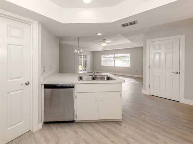 kitchen featuring sink, white cabinetry, a tray ceiling, and dishwasher