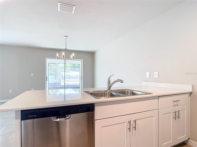 kitchen featuring sink, white cabinets, stainless steel dishwasher, and kitchen peninsula