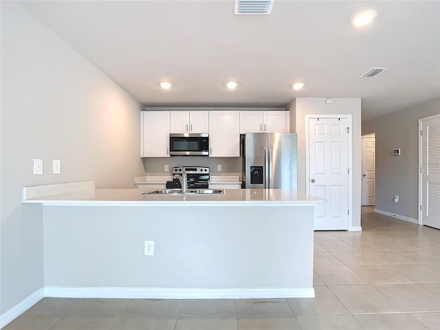 kitchen with sink, white cabinets, light tile patterned flooring, kitchen peninsula, and appliances with stainless steel finishes