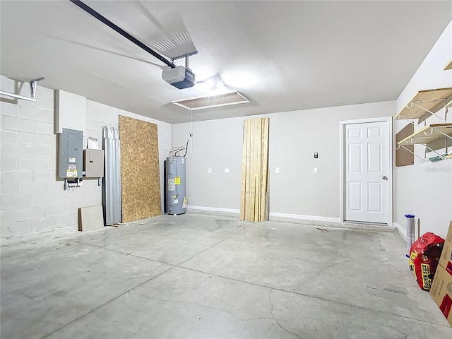 garage featuring a garage door opener, water heater, and electric panel