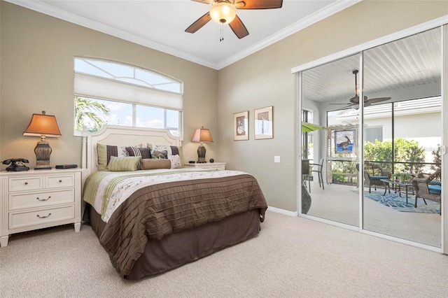 bedroom with ornamental molding, light carpet, access to exterior, and ceiling fan