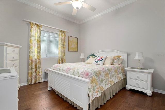 bedroom featuring ceiling fan, dark wood-type flooring, and ornamental molding