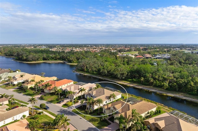 drone / aerial view featuring a water view