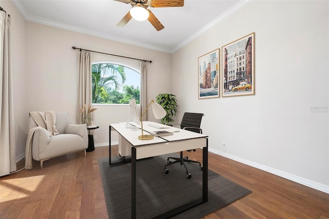 office space with wood finished floors, ceiling fan, ornamental molding, and baseboards