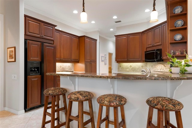 kitchen with a kitchen breakfast bar, paneled fridge, open shelves, black microwave, and a peninsula