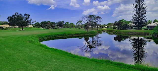 view of community with a water view and a lawn