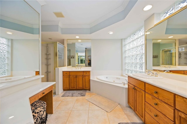 bathroom with plus walk in shower, a wealth of natural light, ornamental molding, and tile patterned floors