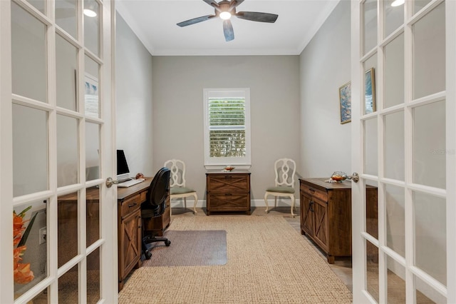 office space featuring ceiling fan, french doors, and crown molding