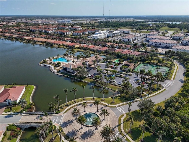 drone / aerial view with a water view