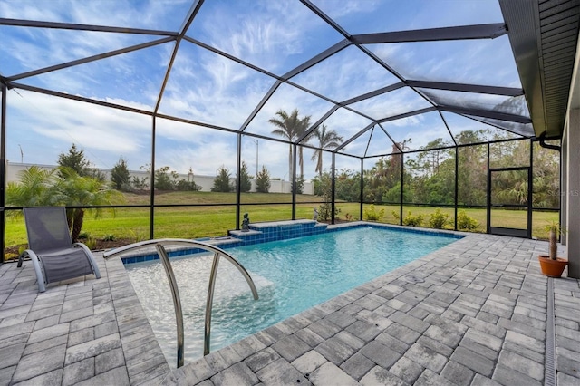 view of pool featuring a lanai, a lawn, and a patio