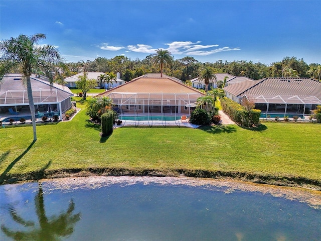 drone / aerial view featuring a water view