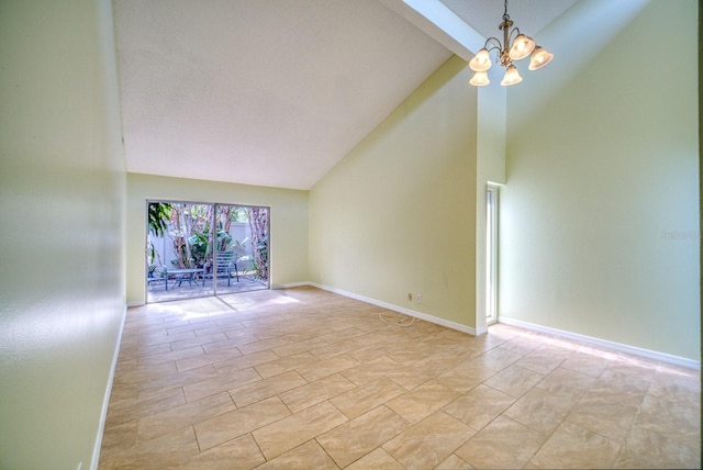 unfurnished room featuring high vaulted ceiling, beamed ceiling, and a chandelier