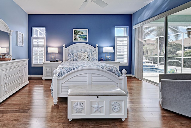 bedroom with dark hardwood / wood-style floors, access to exterior, and ceiling fan