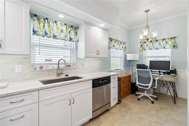 kitchen featuring sink, crown molding, dishwasher, light stone countertops, and white cabinets