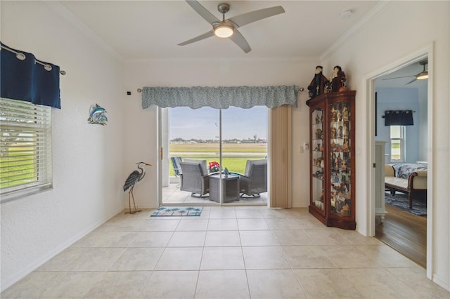 interior space featuring crown molding and ceiling fan