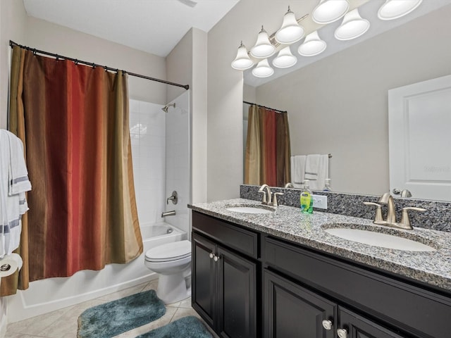 full bathroom featuring tile patterned floors, vanity, toilet, and shower / tub combo with curtain