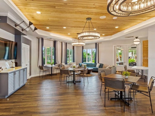 dining space with wooden ceiling, dark hardwood / wood-style flooring, a tray ceiling, and a notable chandelier