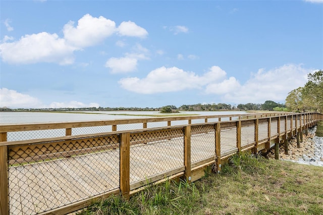 exterior space with a water view